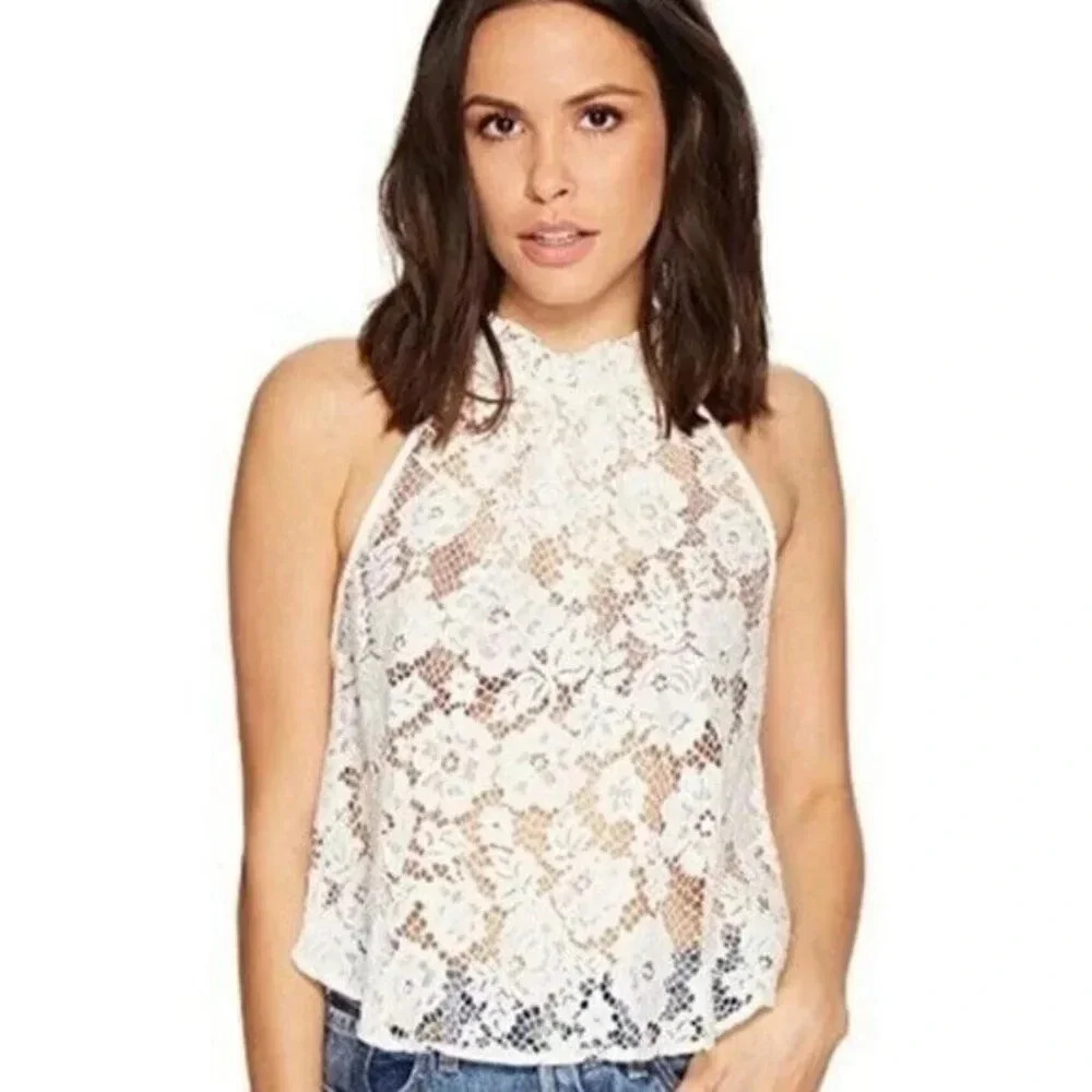 SKU 2 Free People Lace High Neck Tank Top Floral Sweet Dream Lace White Blouse M